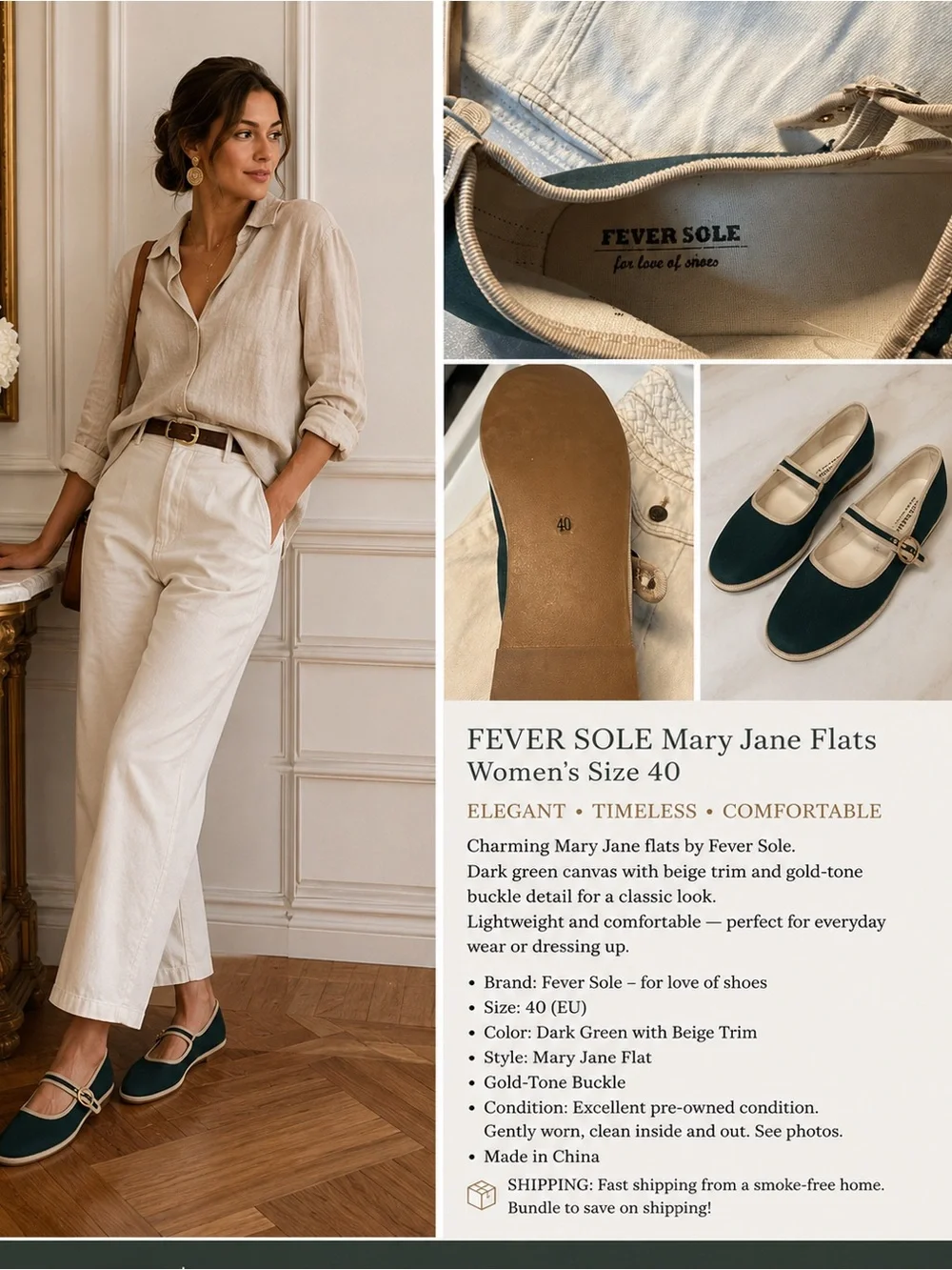 Dark Green Mary Jane Canvas Flats with Cream Trim and Buckle